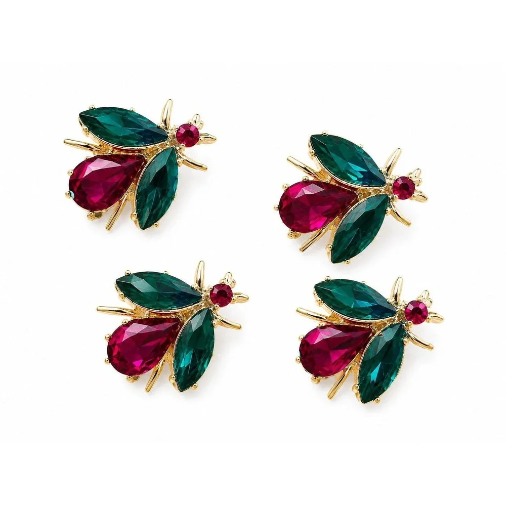 Vintage Dodds Bug Rhinestone Lapel Pins and Clip On Earrings Set Pink Green
